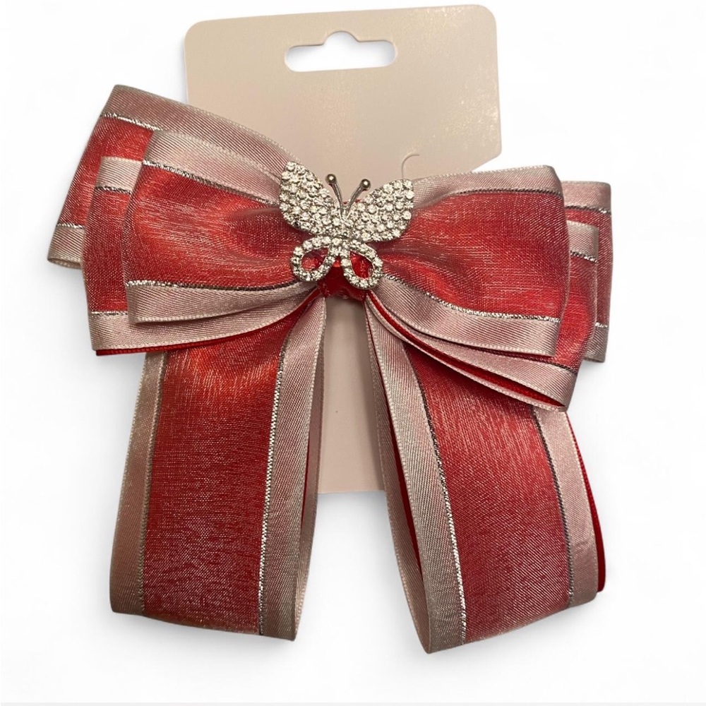Hand crafted Red and Silver Butterfly Bow Hair Clip - Picture 2 of 3